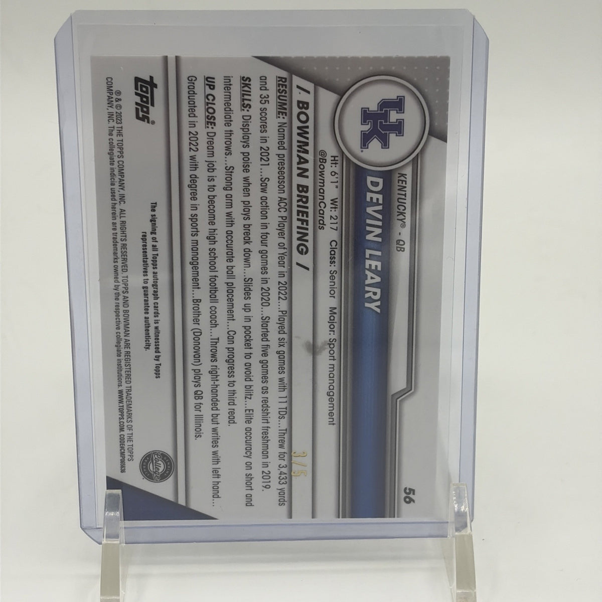Back of 2023 Bowman University Chrome Devin Leary Red Refractor autograph numbered 1/5