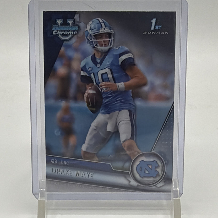 Front of 2023 Bowman University Chrome Drake Maye 1st Bowman #200 for North Carolina