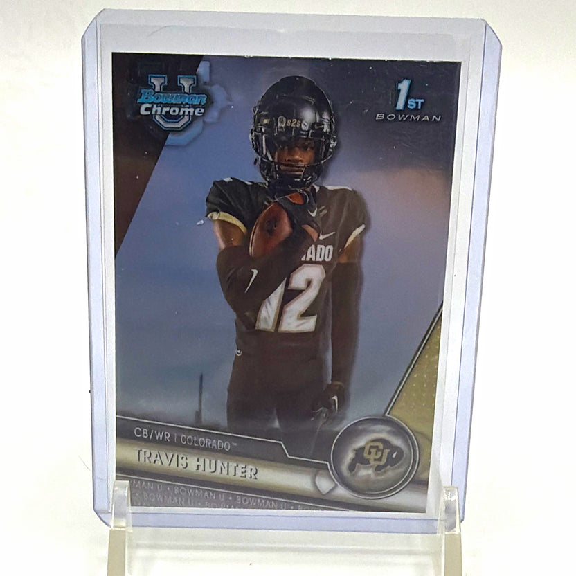 Front of 2023 Bowman University Chrome Travis Hunter 1st Bowman #36 for Colorado