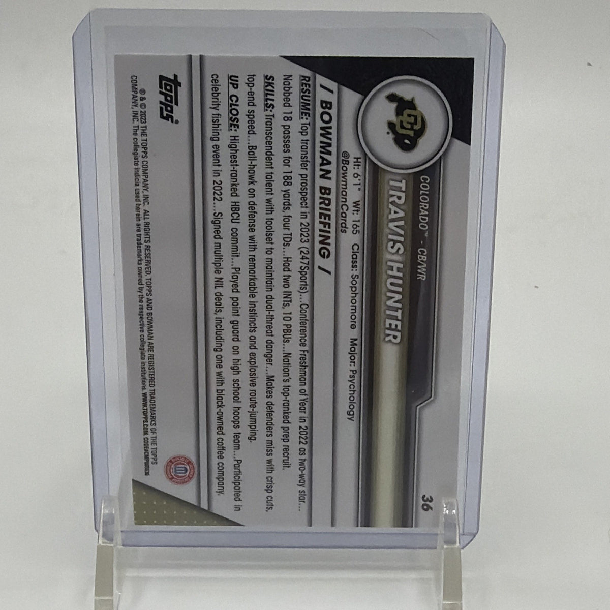 Back of 2023 Bowman University Chrome Travis Hunter #36