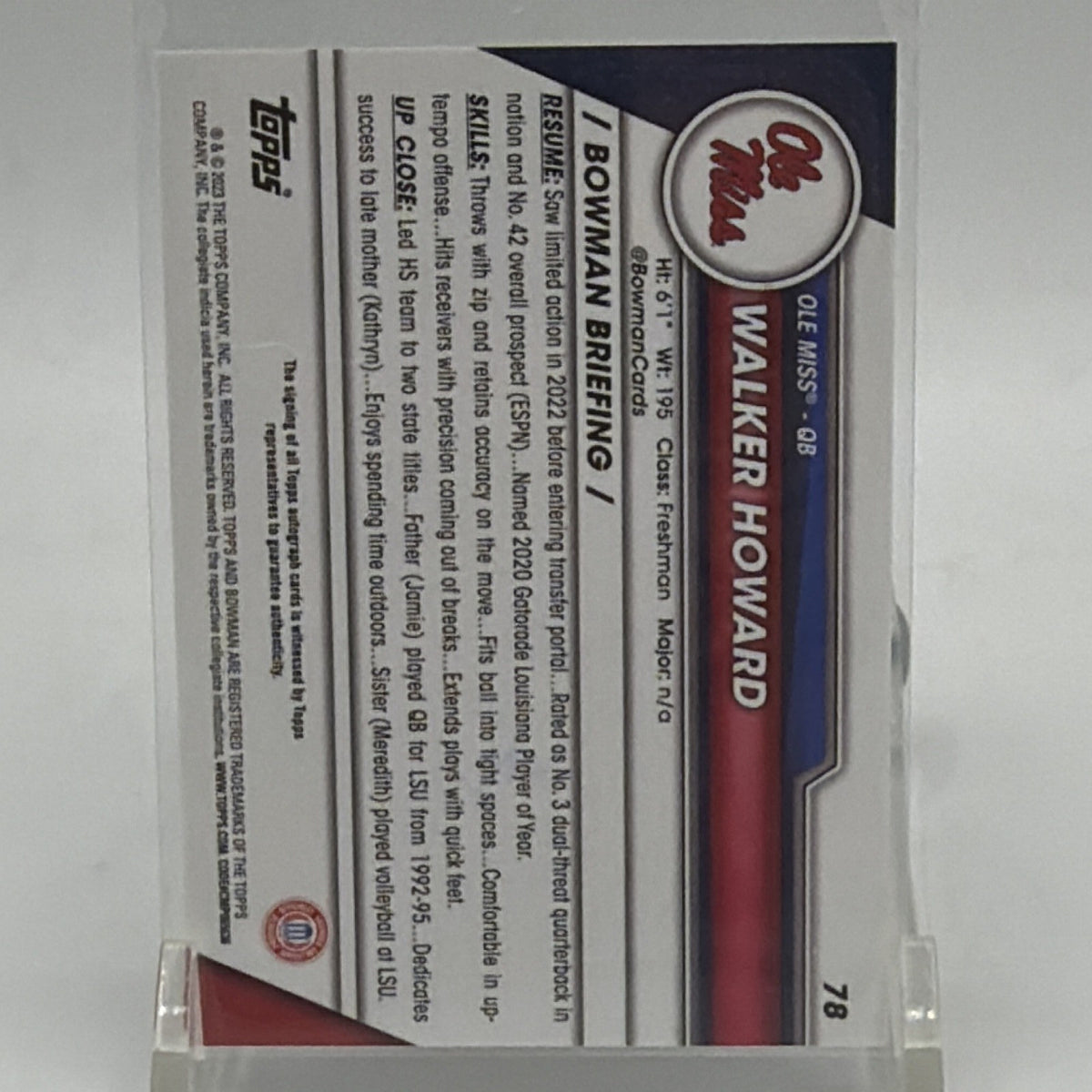 Reverse of 2023 Bowman University Chrome Walker Howard football card showing player information