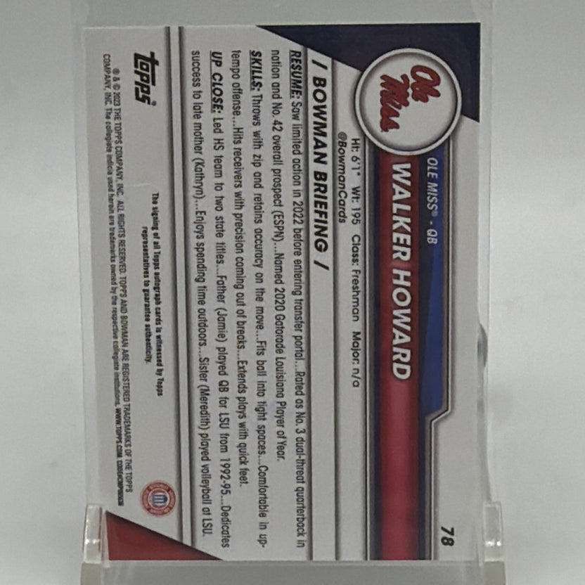 Reverse of 2023 Bowman University Chrome Walker Howard football card showing player information