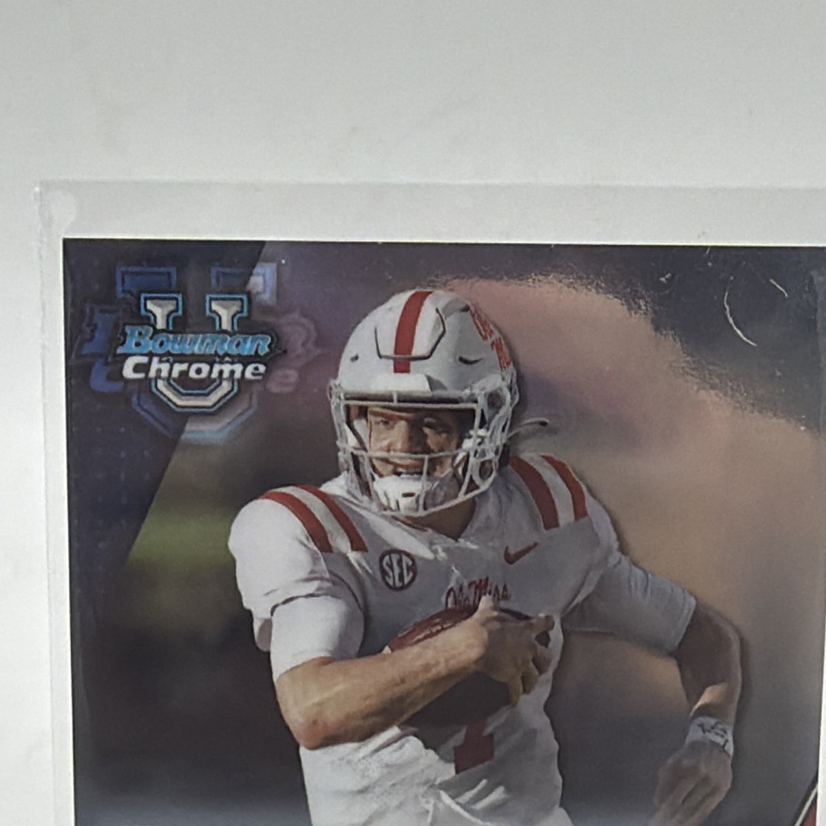 Close-up of upper portion of Walker Howard Bowman University Chrome autograph card, including upper-right corner area