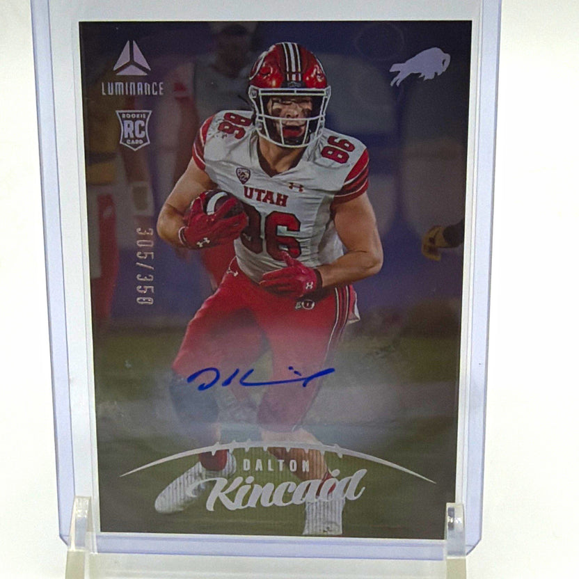 Front of 2023 Panini Luminance Dalton Kincaid rookie autograph #123 numbered 305/350