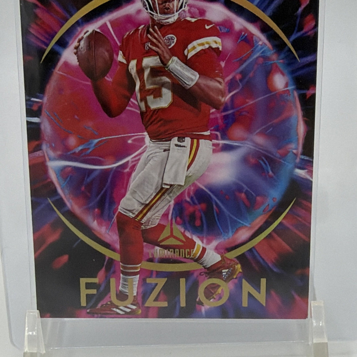 Detail of Fuzion lettering and Patrick Mahomes in Kansas City Chiefs uniform