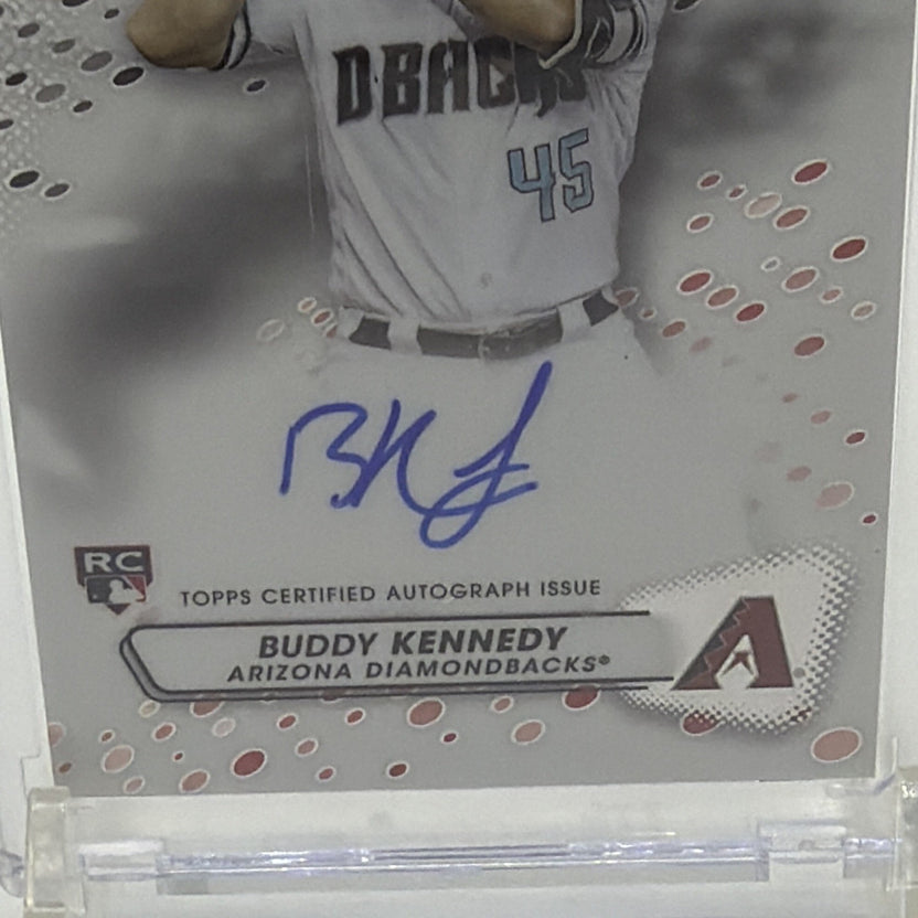 Detailed front view showing the blue-ink autograph on Buddy Kennedy #PA-BK