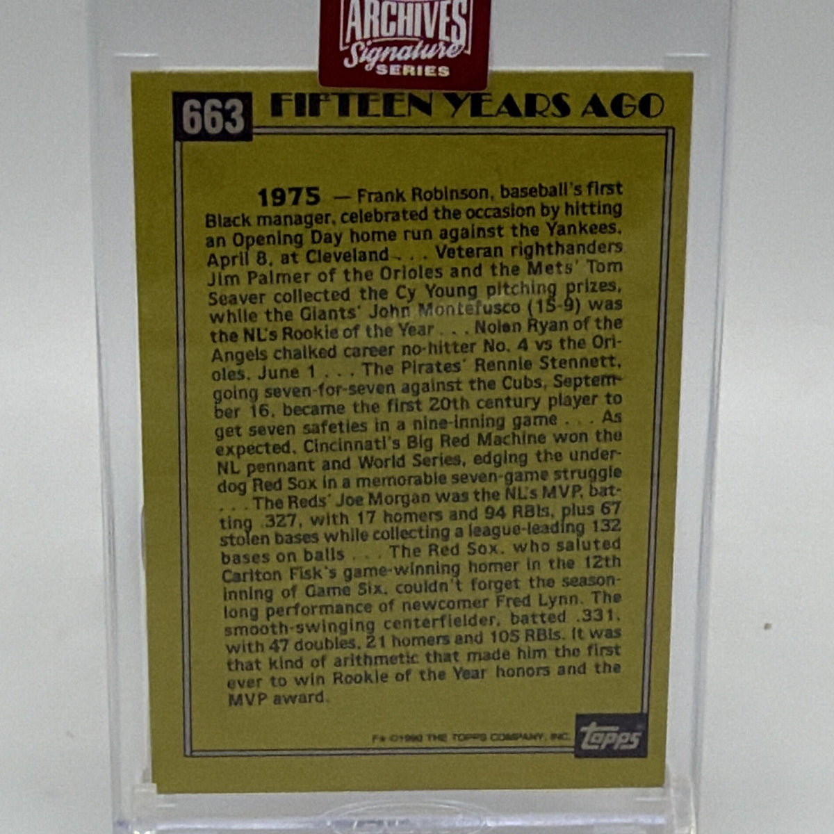 Reverse of Fred Lynn Turn Back the Clock baseball card showing historical player information