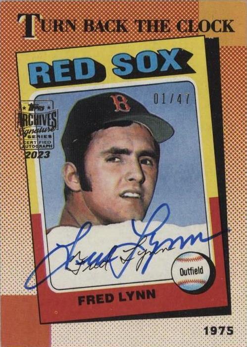 Full view of the signed Fred Lynn Red Sox card inside its protective holder