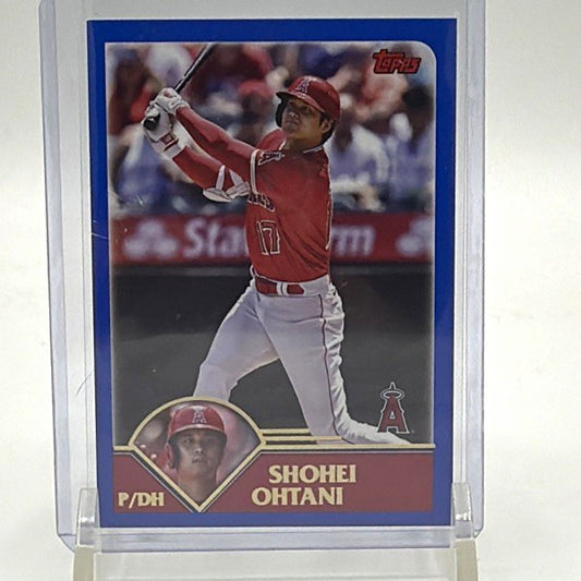 Front of 2023 Topps Archives Shohei Ohtani #256 Blue Border parallel for the Los Angeles Angels