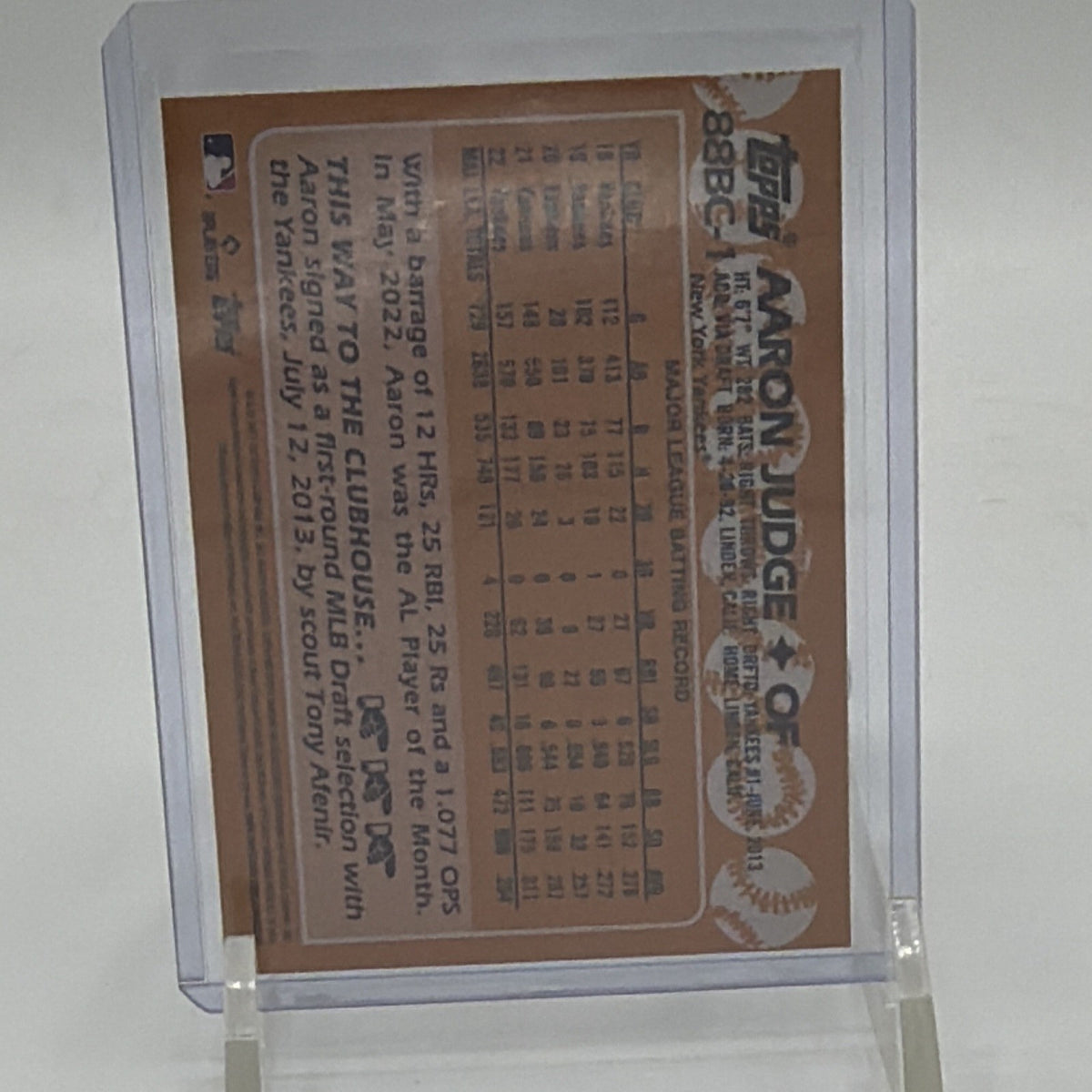 Back of 2023 Topps Chrome Aaron Judge 1988 Topps Baseball insert #88BC-1