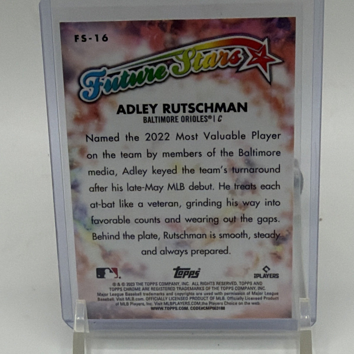 Back of Adley Rutschman Future Stars #FS-16 showing player biography and card information