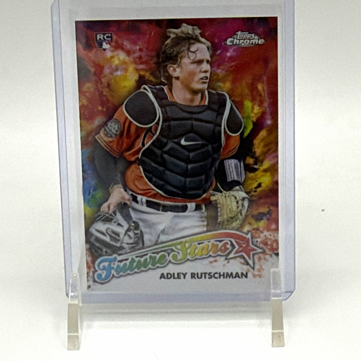 Front of 2023 Topps Chrome Adley Rutschman Future Stars #FS-16 rookie insert, showing Orioles catcher in protective holder