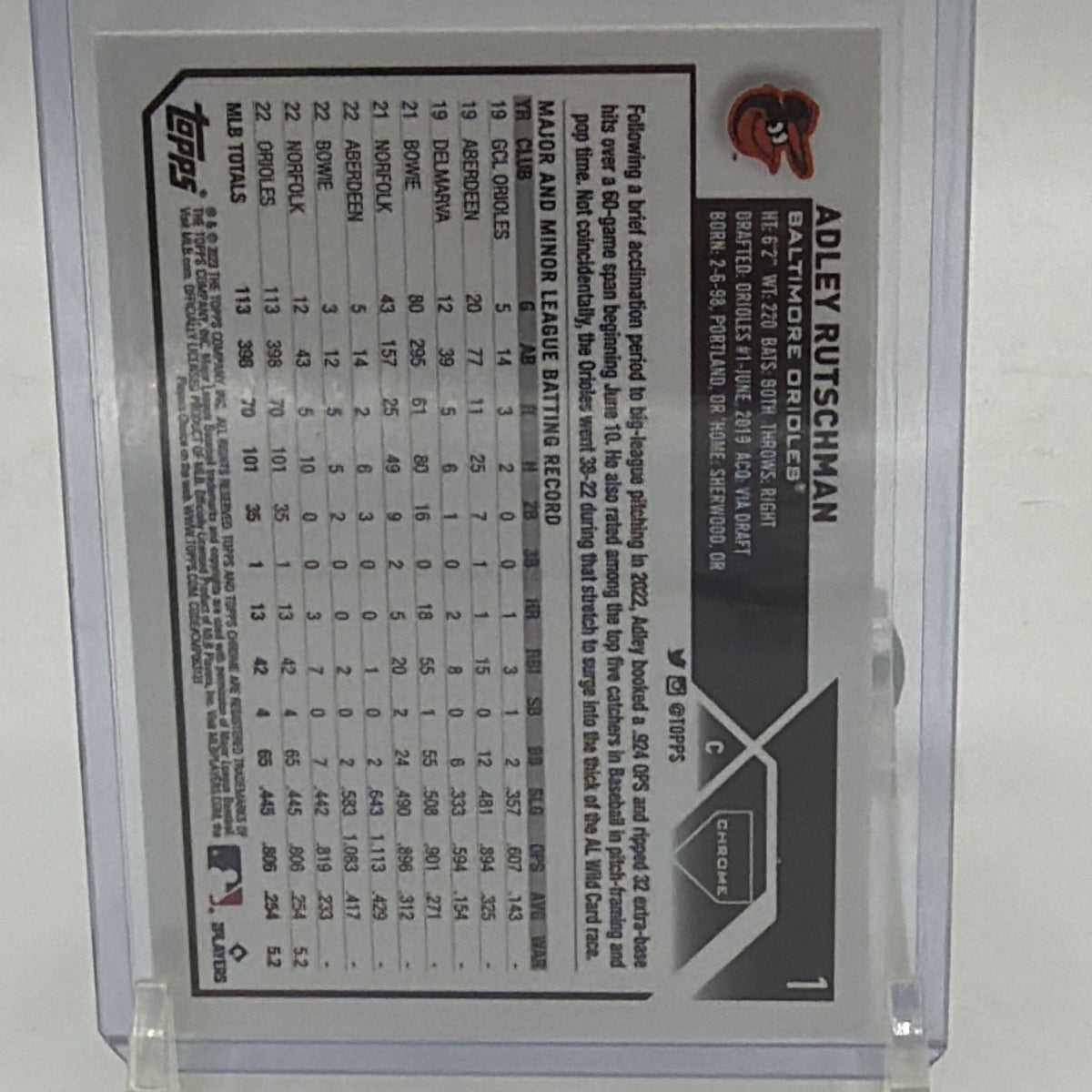 Back of 2023 Topps Chrome Adley Rutschman Baltimore Orioles rookie card #1