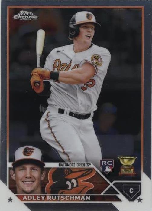 Back of 2023 Topps Chrome Adley Rutschman Baltimore Orioles rookie card #1