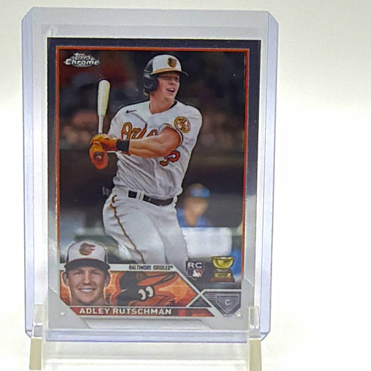 Front of 2023 Topps Chrome Adley Rutschman rookie card #1 for the Baltimore Orioles