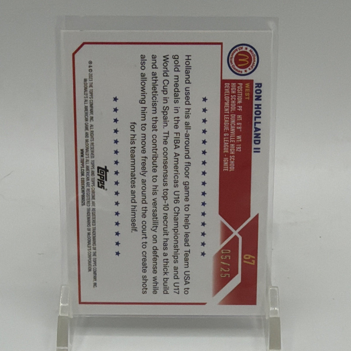 Reverse of Ron Holland II #67 Orange Refractor card with player information