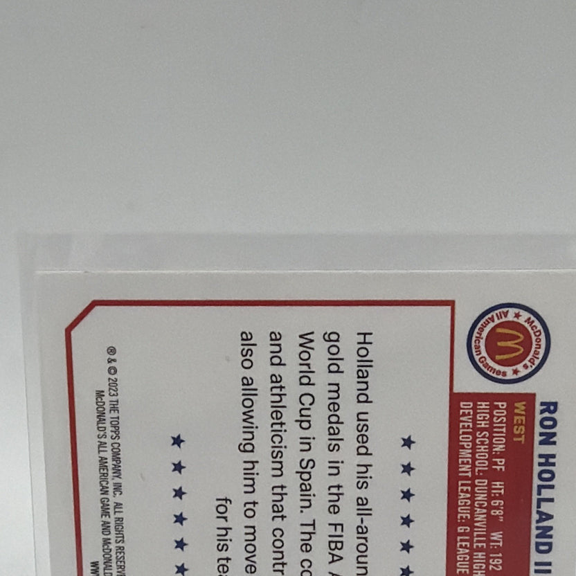 Close-up of the biographical text on the reverse of Ron Holland II basketball card