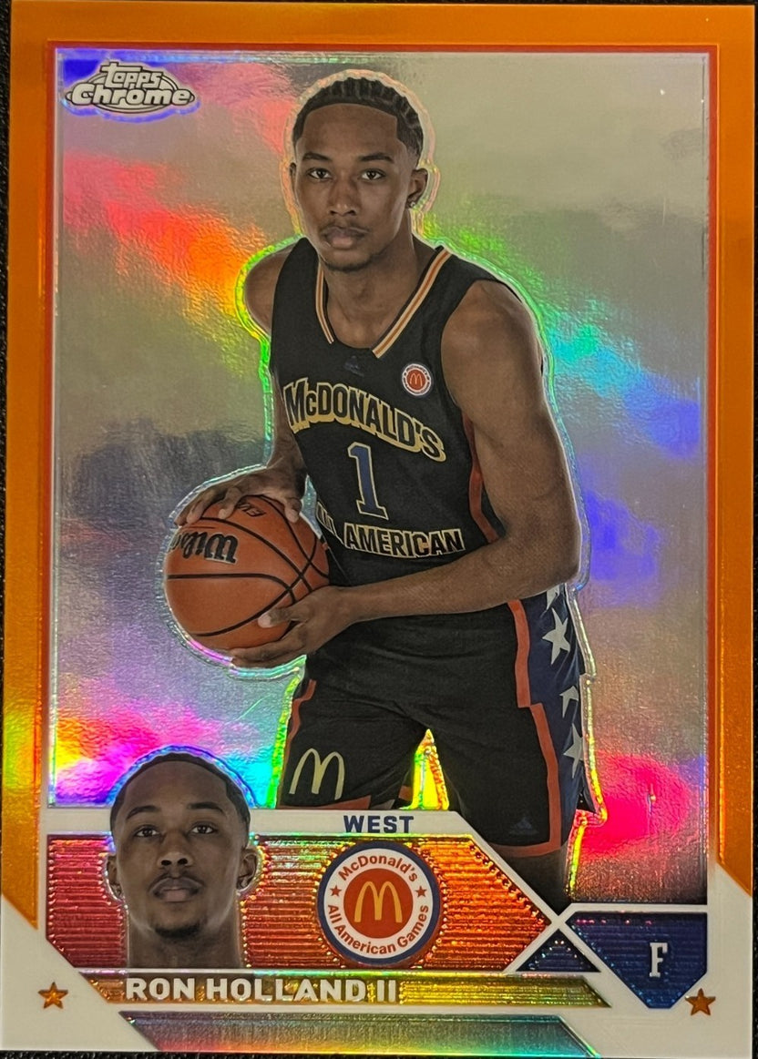 Alternate front photograph showing the reflective orange finish of Ron Holland II Chrome card