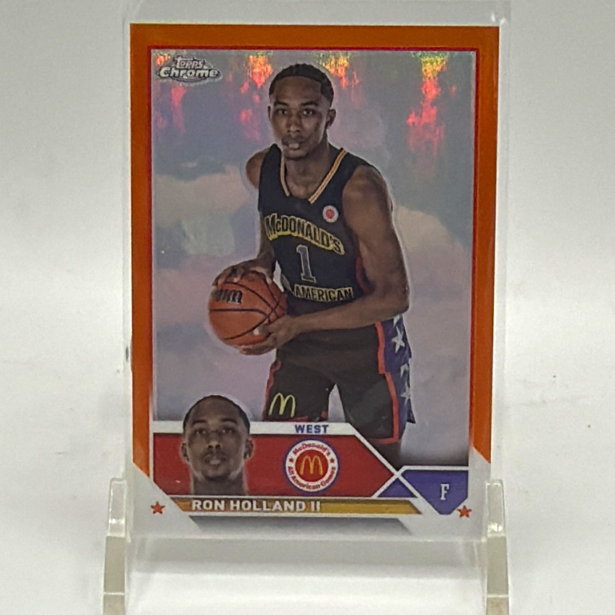 Front of 2023 Topps Chrome McDonald's All American Ron Holland II #67 Orange Refractor basketball card