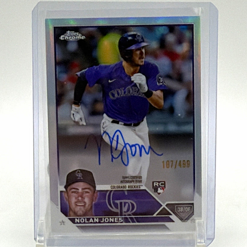 Front of 2023 Topps Chrome Nolan Jones Rookie Autographs Refractor numbered 107/499