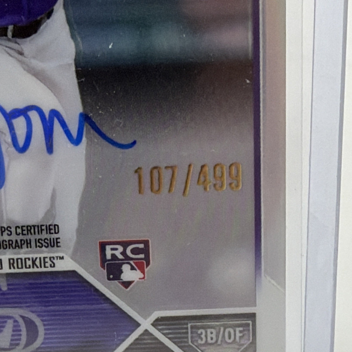 Close-up of serial number 107/499 on Nolan Jones Rookie Autographs Refractor