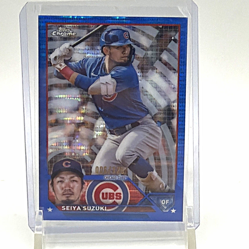 Front of 2023 Topps Chrome Seiya Suzuki #168 Blue Sonar Refractor card numbered 006/125