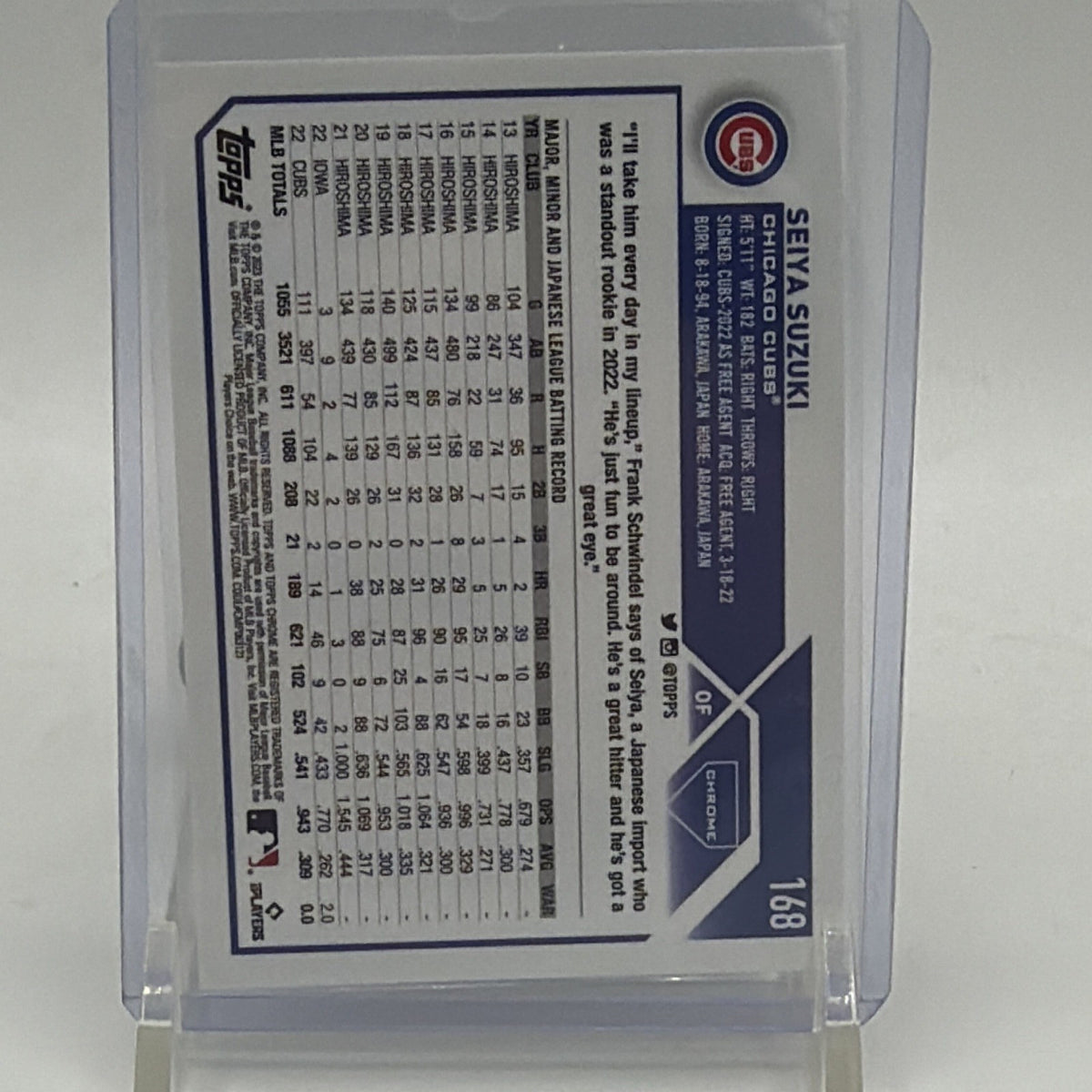 Reverse of 2023 Topps Chrome Seiya Suzuki #168 baseball card with player information and statistics