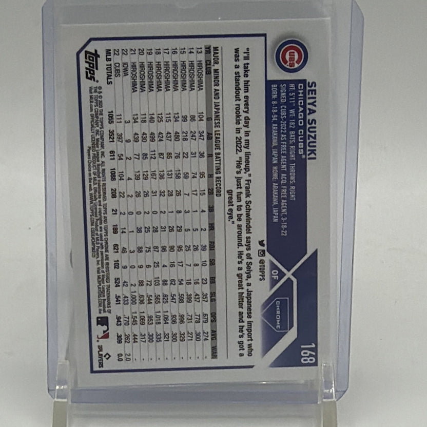 Reverse of 2023 Topps Chrome Seiya Suzuki #168 baseball card with player information and statistics