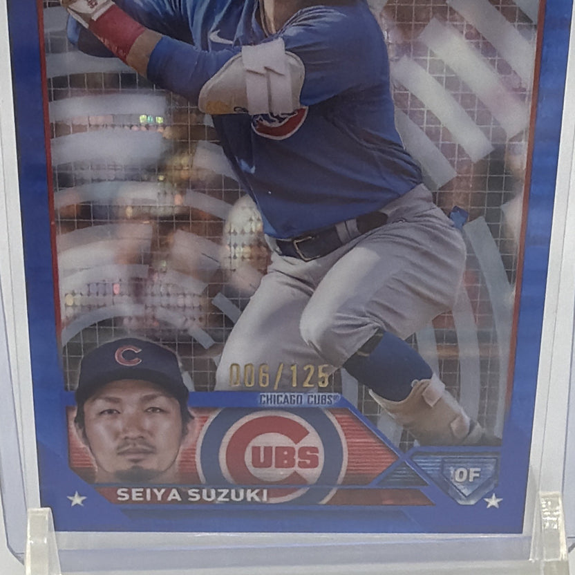 Lower front detail of Seiya Suzuki Chrome card showing Cubs logo, player name, and blue patterned border