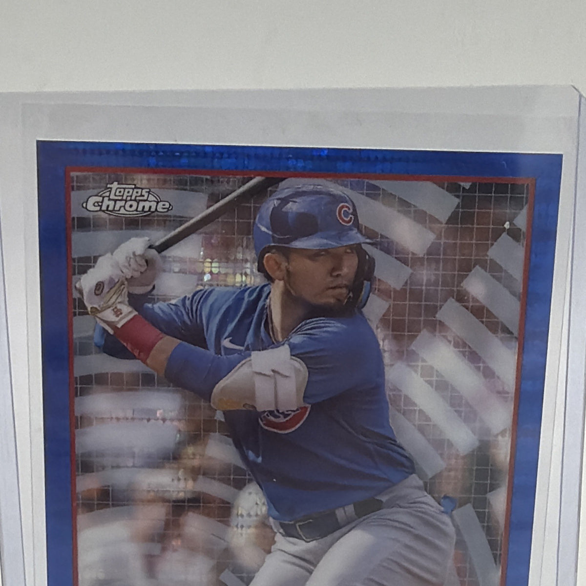 Close-up of Seiya Suzuki batting in his Chicago Cubs uniform with Blue Sonar Refractor border