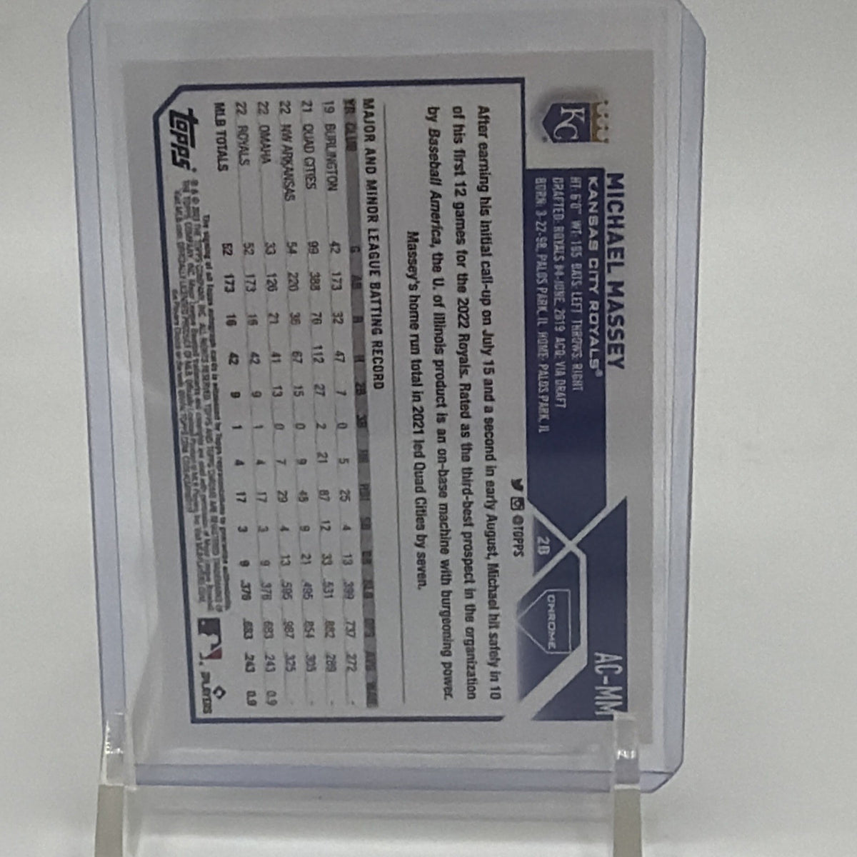 Back of 2023 Topps Chrome Update Michael Massey autograph #AC-MM