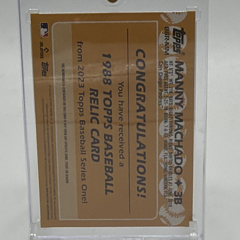 Back of 2023 Topps Series 1 Manny Machado 1988 Baseball Relic #88R-MM