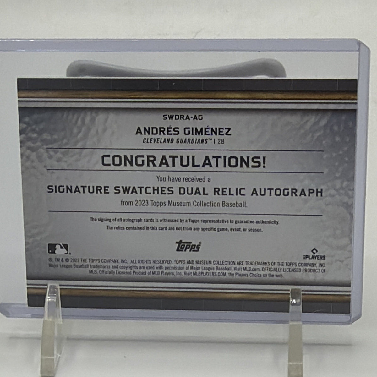 Back of 2023 Topps Museum Collection Andrés Giménez Signature Swatches #SWDRA-AG