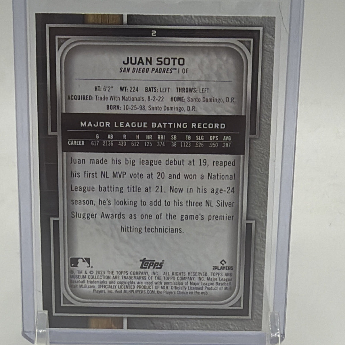 Back of 2023 Topps Museum Collection Juan Soto #2 Amethyst parallel