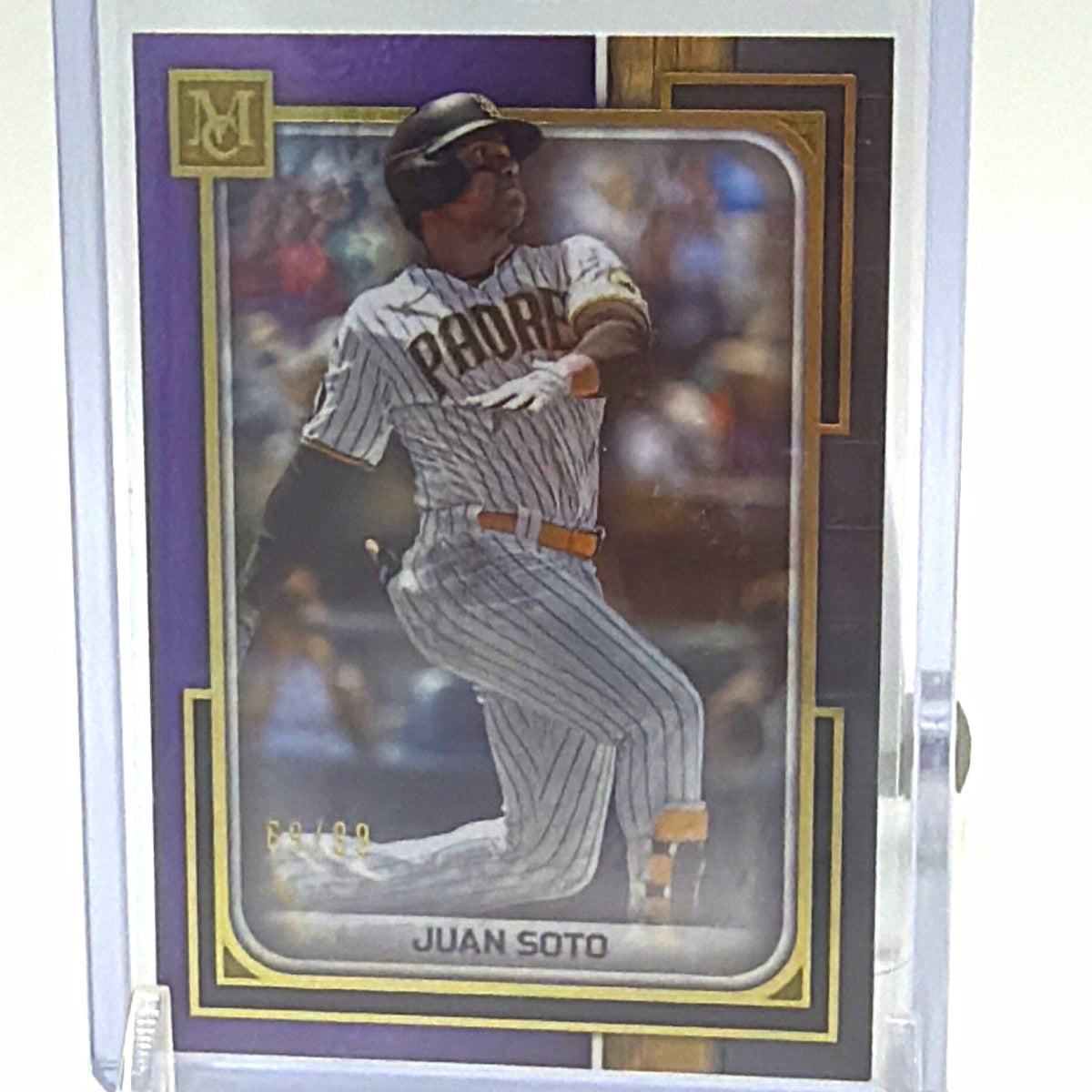 Front of 2023 Topps Museum Collection Juan Soto #2 Amethyst parallel numbered 69/99