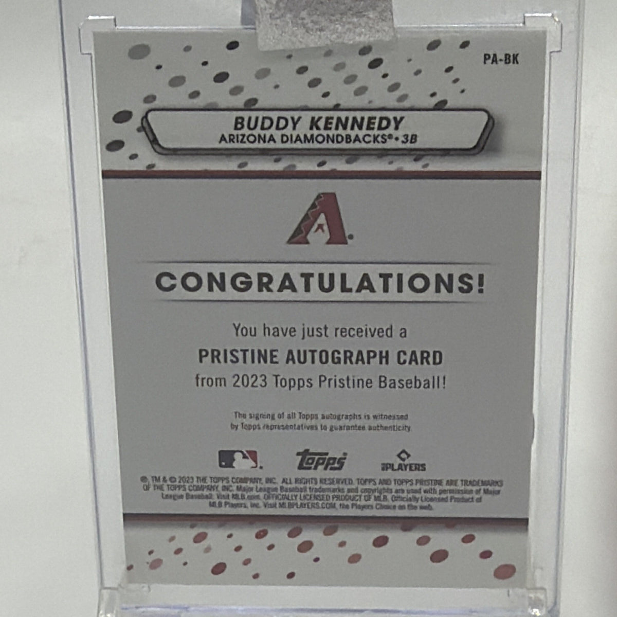 Back of 2023 Topps Pristine Buddy Kennedy rookie autograph #PA-BK