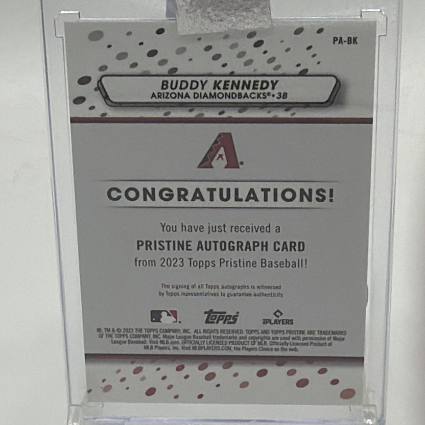 Back of 2023 Topps Pristine Buddy Kennedy rookie autograph #PA-BK
