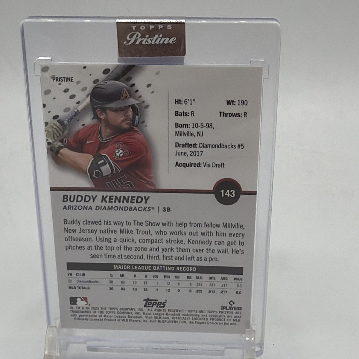 Back of 2023 Topps Pristine Buddy Kennedy #143 rookie Refractor card