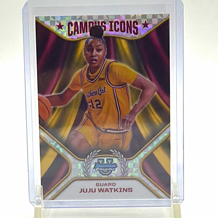 Front of 2024-25 Bowman Chrome University JuJu Watkins Campus Icons X-Fractor #CI-16 USC card