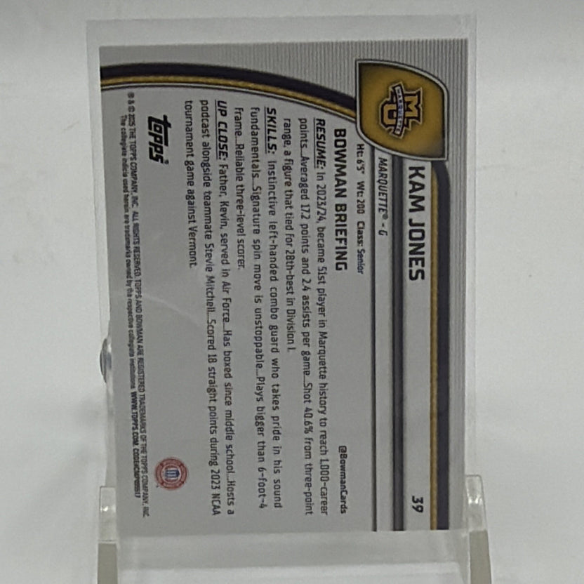Back of 2024-25 Bowman Chrome University Kam Jones #39 Orange Reptilian Refractor numbered 9/25