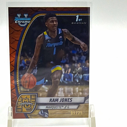 Front of 2024-25 Bowman Chrome University Kam Jones #39 Orange Reptilian Refractor numbered 9/25