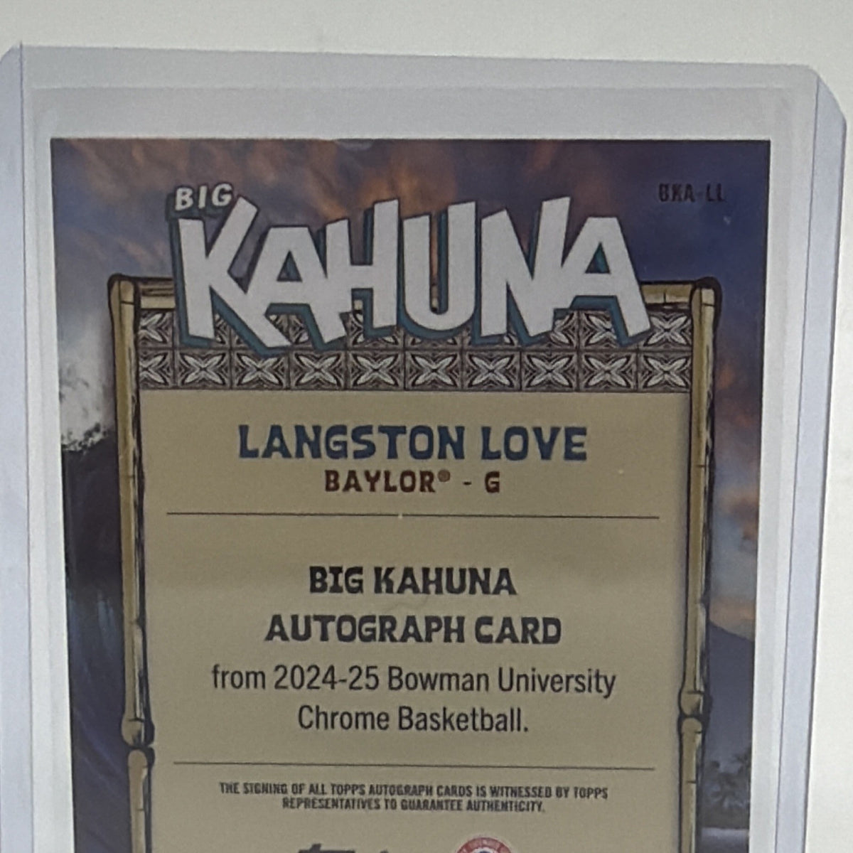 Back of 2024-25 Bowman Chrome University Langston Love Big Kahuna autograph #BKA-LL
