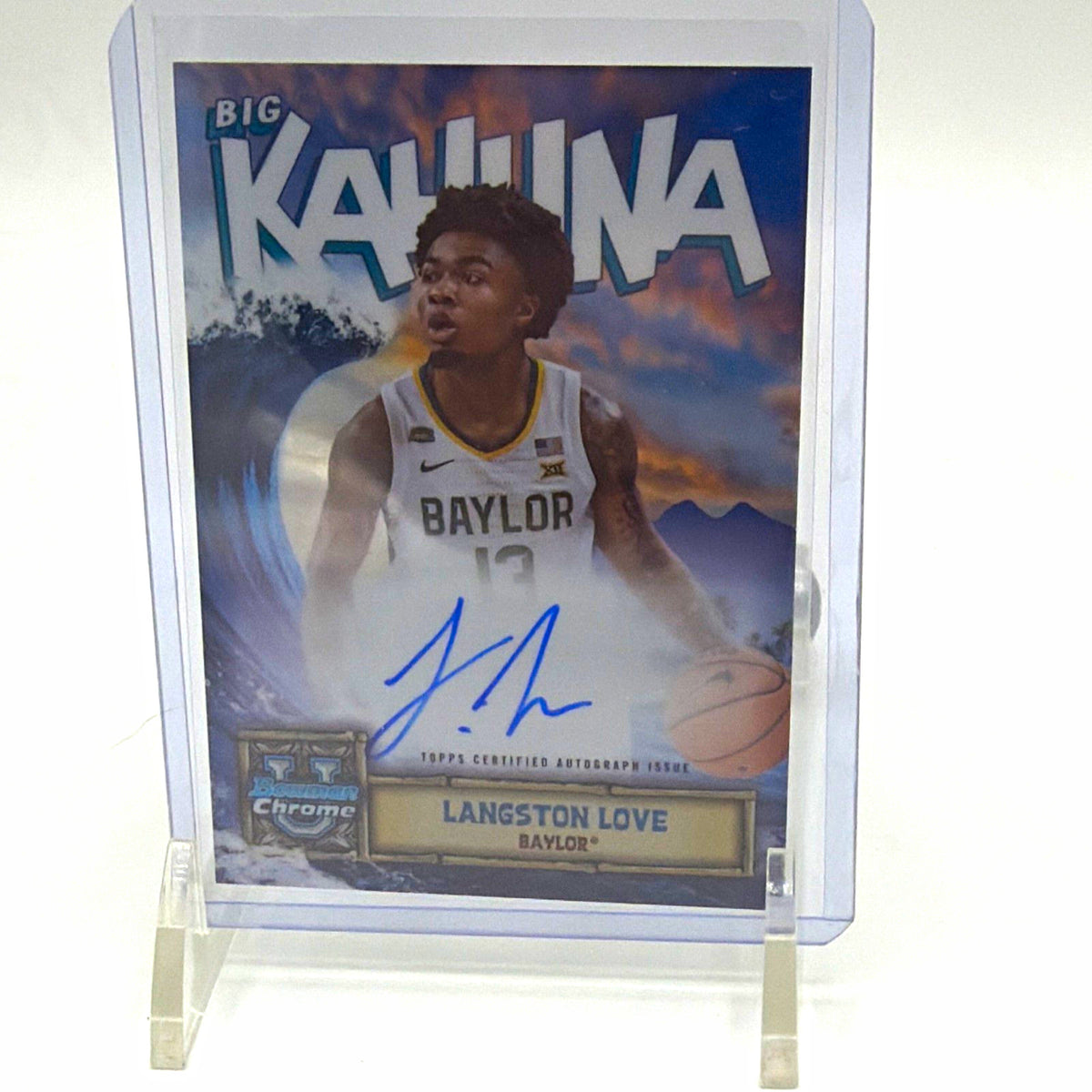 Front of 2024-25 Bowman Chrome University Langston Love Big Kahuna autograph #BKA-LL Baylor card