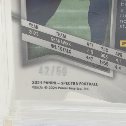 2024 Panini Spectra RC - Kenneth Walker III #92 Neon Blue Prizm Die-Cut/50 PSA 9 Detail view showing the 42/50 serial numbering on a 2024 Panini Spectra Kenneth Walker III Neon Blue Die-Cut parallel card.
