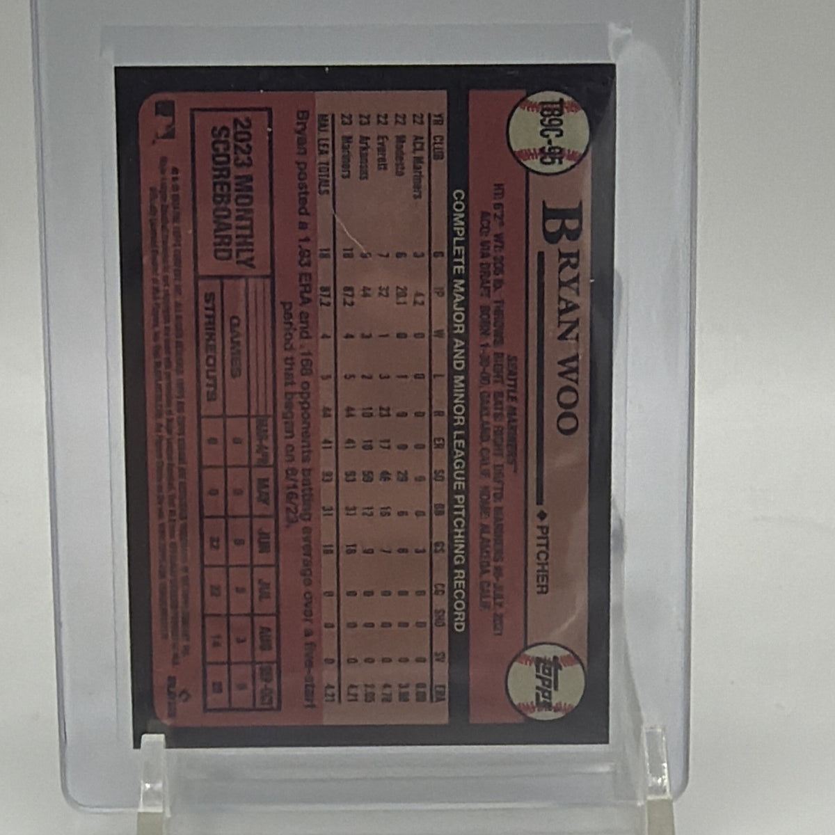 Reverse of 2024 Topps Bryan Woo #T89C-95 Silver Pack rookie baseball card