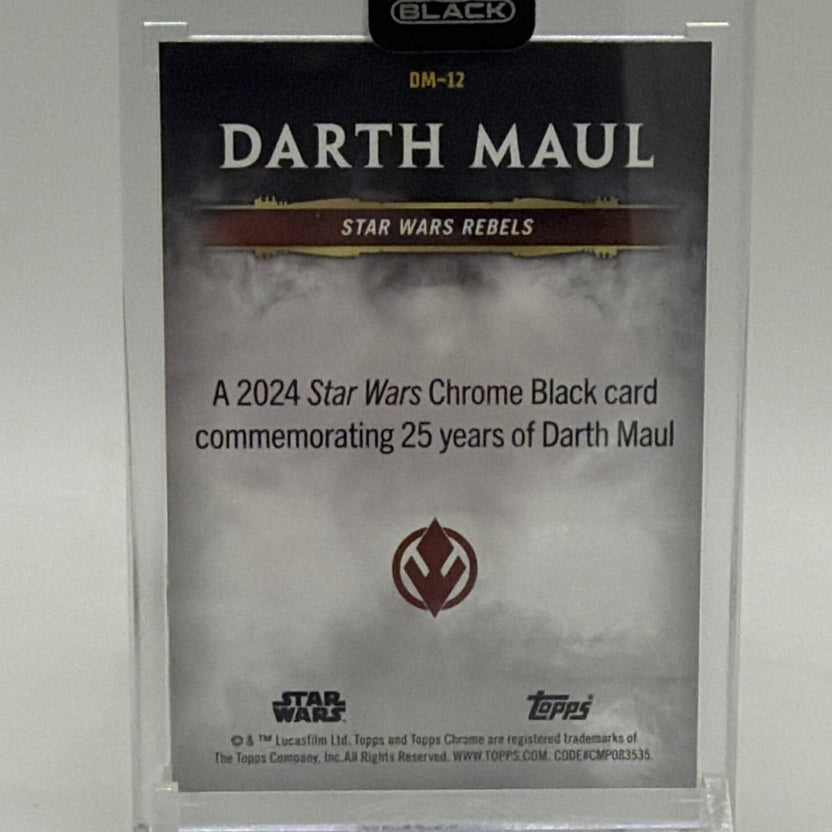 Reverse of 2024 Topps Chrome Black Darth Maul DM-12 trading card featuring character description and Star Wars branding