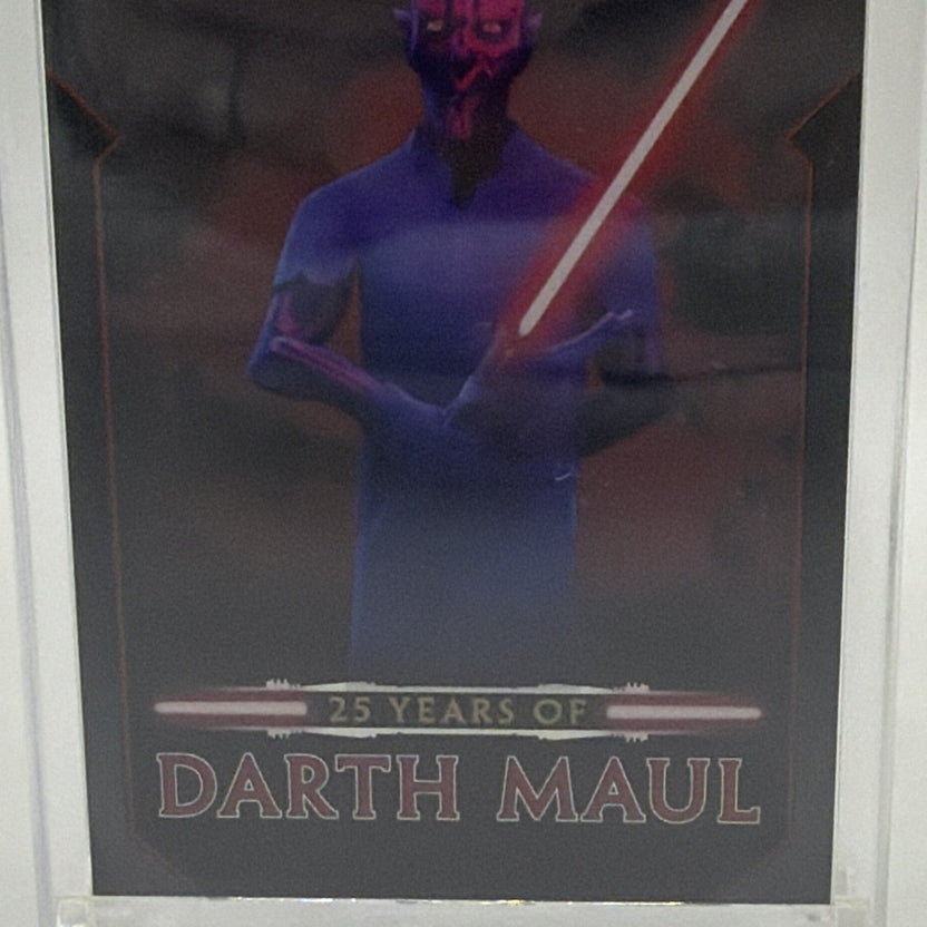 Close-up of Darth Maul holding a red lightsaber on the 2024 Topps Chrome Black 25 Years of Darth Maul insert
