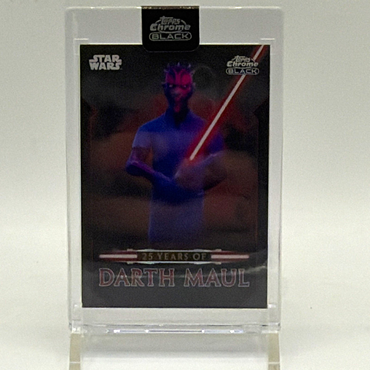 Front of 2024 Topps Chrome Black Star Wars 25 Years of Darth Maul #DM-12 trading card featuring Maul with red lightsaber