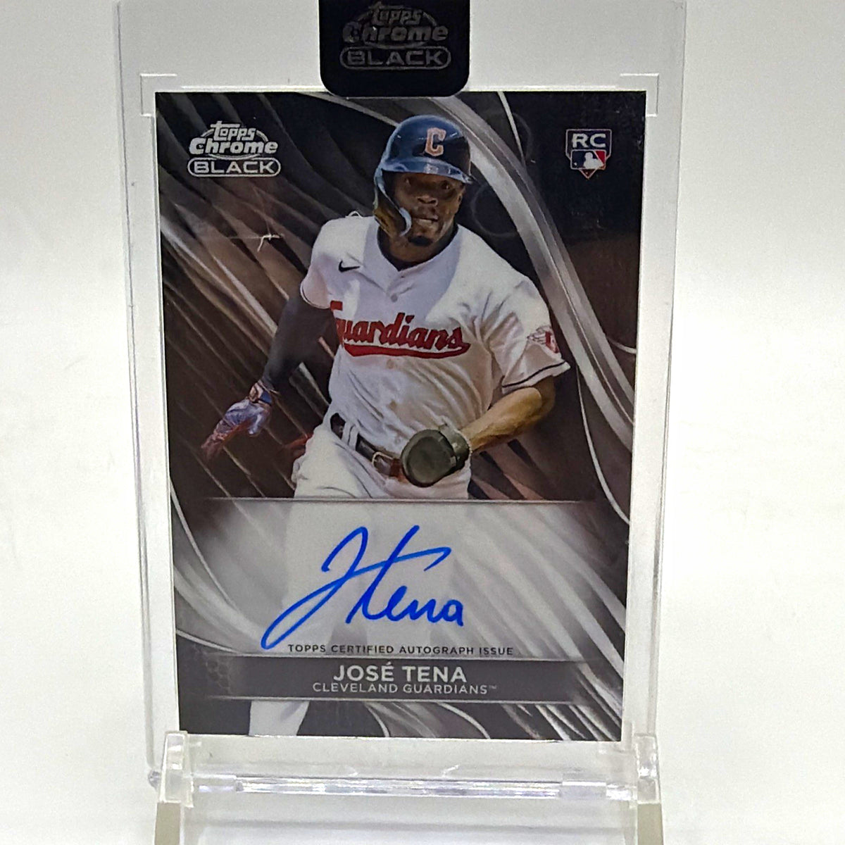 Front of 2024 Topps Chrome Black José Tena rookie autograph #CBA-JTE for the Cleveland Guardians