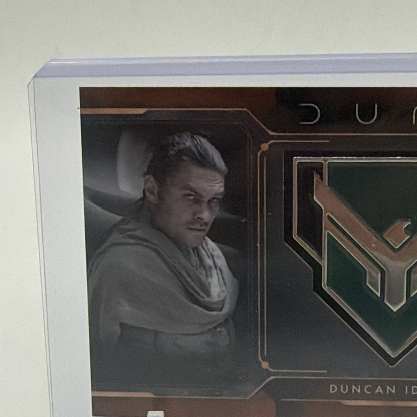 Close-up of Jason Momoa as Duncan Idaho on Topps Chrome Dune manufactured medallion card